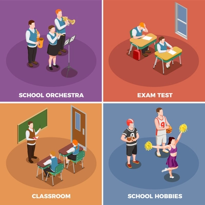 High school isometric people 2x2 design concept with human characters of students and their various activities vector illustration