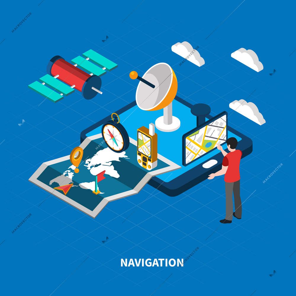 Navigation concept with map and search symbols on blue background isometric vector illustration