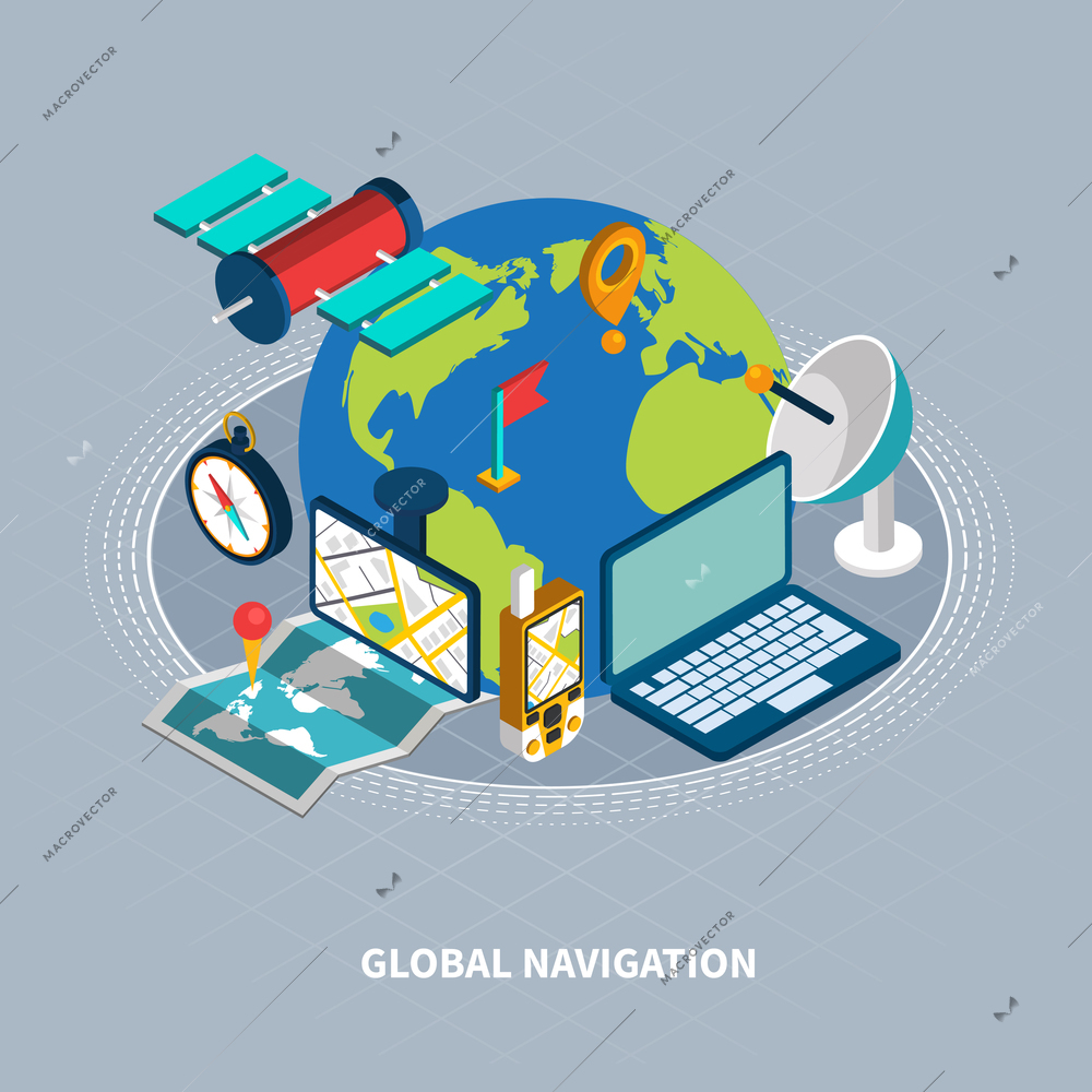 Global navigation concept with satellite and search symbols on grey background isometric vector illustration