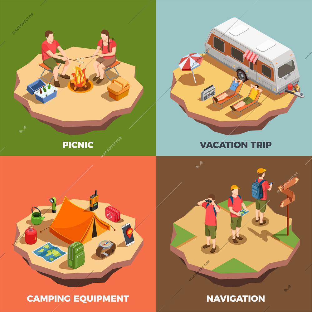 Camping hiking isometric icons 2x2 design concept with compositions of human characters and trip related items vector illustration