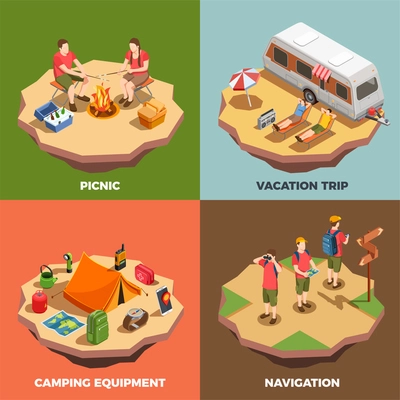 Camping hiking isometric icons 2x2 design concept with compositions of human characters and trip related items vector illustration