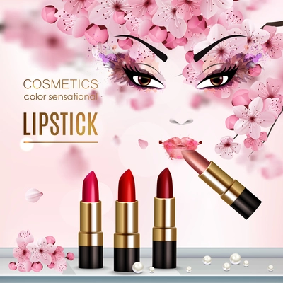 Sakura abstract flyer with advertising a new collection of lipstick and cosmetics color sensation headline vector illustration