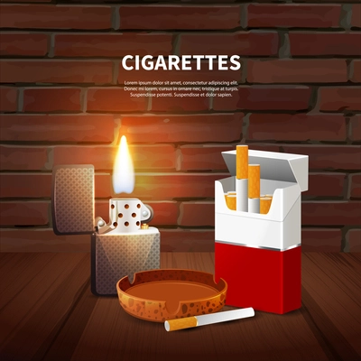 Tobacco realistic poster with pack of cigarettes ashtray and lighter on dark background vector illustration