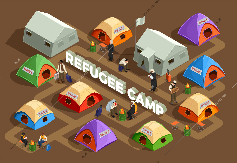 Stateless refugees asylum icons isometric composition with view of reception camp with tents and human characters vector illustration
