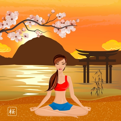 Sakura and yoga composition with girl meditating at sunset on the beach vector illustration