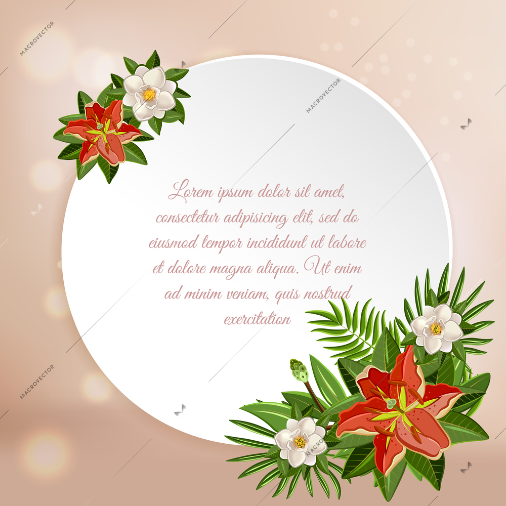 Tropical paradise background with bright round plate with editable ornate text with colourful images of flowers vector illustration