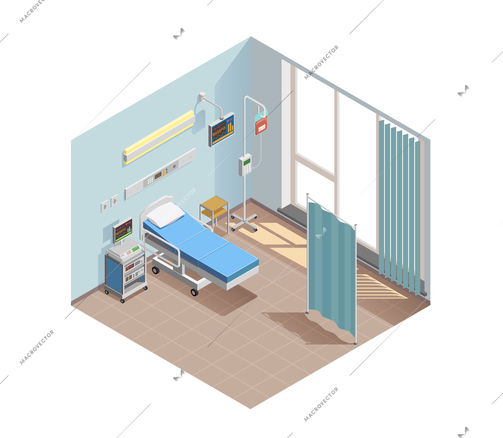 Medical equipment isometric composition with hospital room interior window with therapeutic facilities and special electronic devices vector illustration