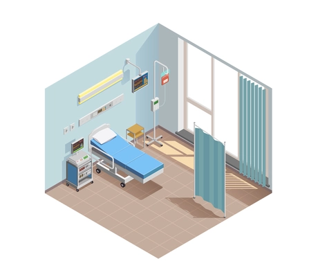 Medical equipment isometric composition with hospital room interior window with therapeutic facilities and special electronic devices vector illustration