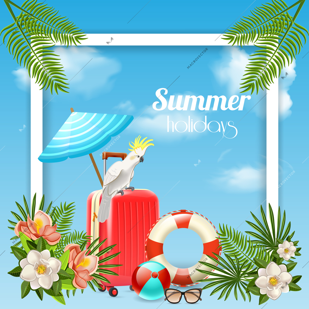 Tropical paradise composition with square frame and images of travel case with plants and sky background vector illustration