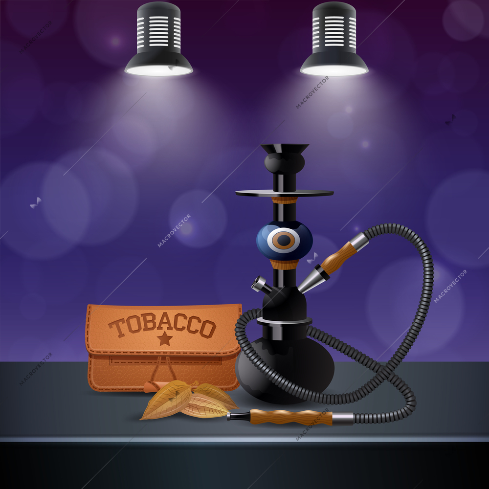 Realistic colored tobacco composition with hookah and tobacco on the table next vector illustration