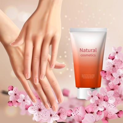 Sakura promotion flyer with women s hands and tube of hand cream with natural name vector illustration