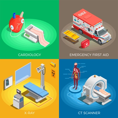 Medical equipment isometric 2x2 design concept with compositions of transport and therapeutic facility units with text vector illustration