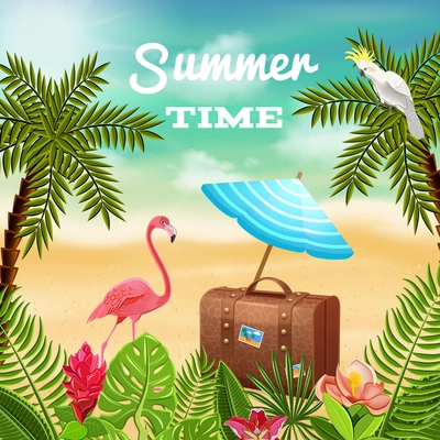 Tropical paradise background composition with travel case and sunshade on beach scenery with palms and flamingo vector illustration