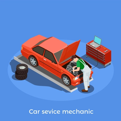 Worker professions isometric background with human character of automotive repairman motor vehicle mechanic with car image vector illustration