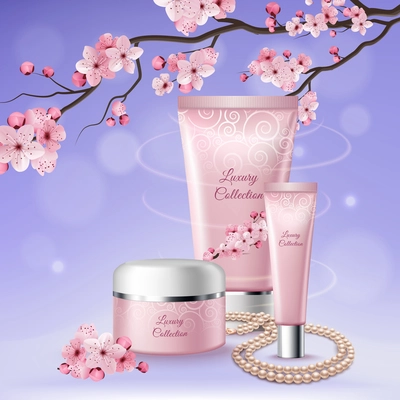 Sakura three tubes of cosmetics composition with luxury collection headlines on them vector illustration