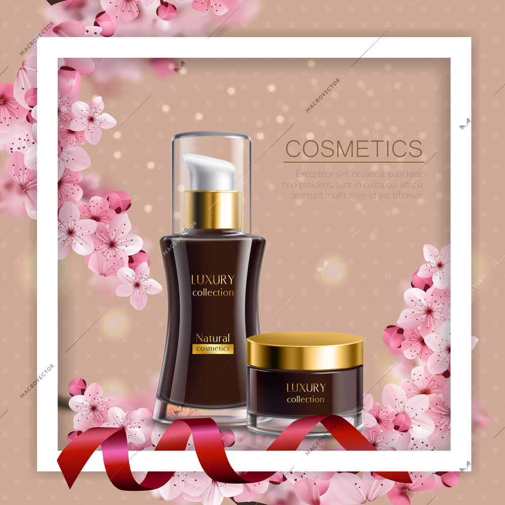 Sakura colored composition white frame and realistic black jars with cosmetic cream vector illustration