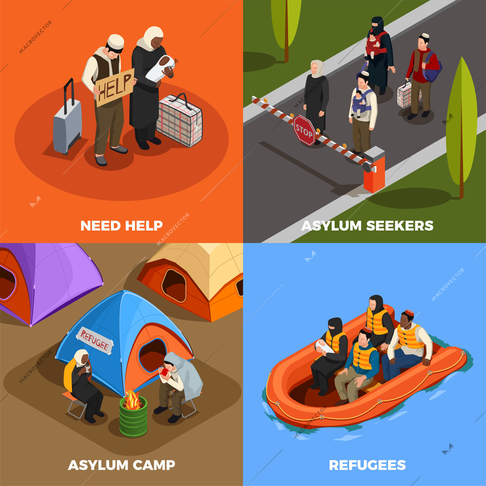 Stateless refugees asylum icons isometric 2x2 design concept with human characters of displaced persons and text vector illustration