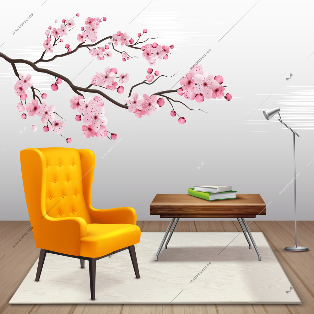 Sakura interior composition with cherry twig in the house next to armchair and coffee table vector illustration