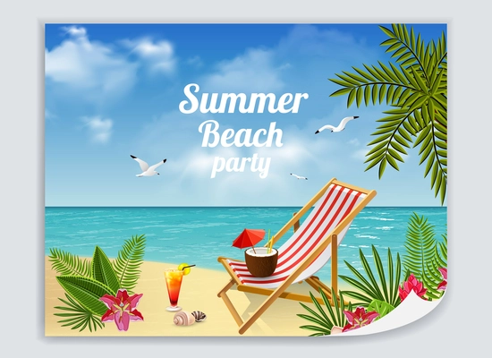 Tropical paradise poster with colourful picture of sandy beach with lounge deck chair cocktails and sea vector illustration