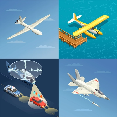 Airplanes helicopters isometric 2x2 design concept with images of different purpose aircrafts for military and civil use vector illustration