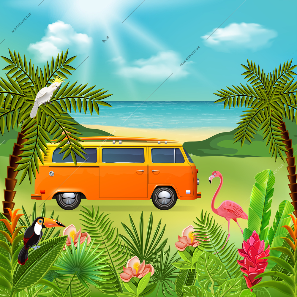 Tropical paradise composition with marine nature landscape and colourful plants with hippie mini van and flowers vector illustration