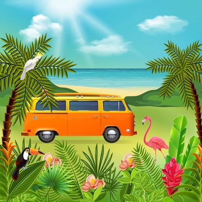 Tropical paradise composition with marine nature landscape and colourful plants with hippie mini van and flowers vector illustration