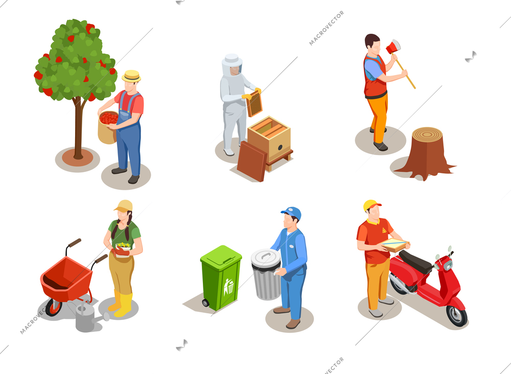 Worker professions isometric compositions set with human characters of people modern jobs and pieces of equipment vector illustration
