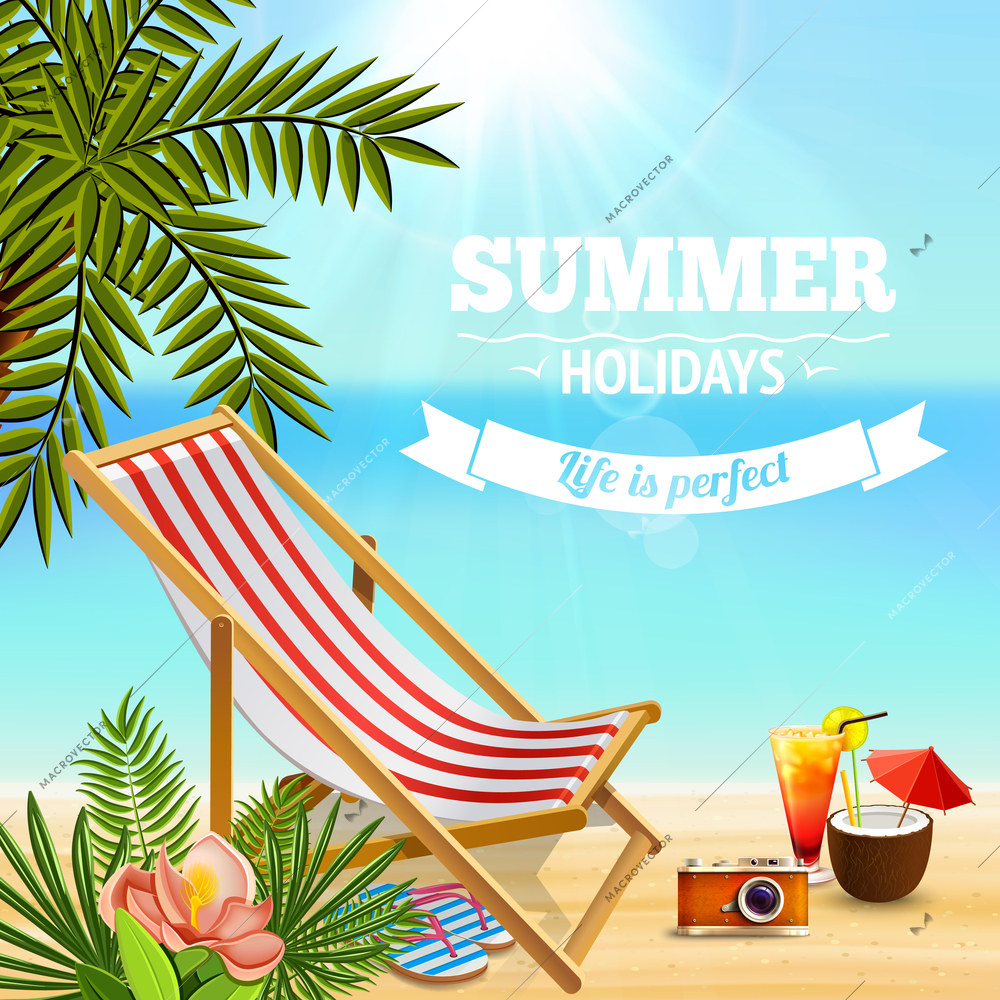 Tropical paradise background with editable text and sandy beach landscape with deck chair cocktails and plants vector illustration