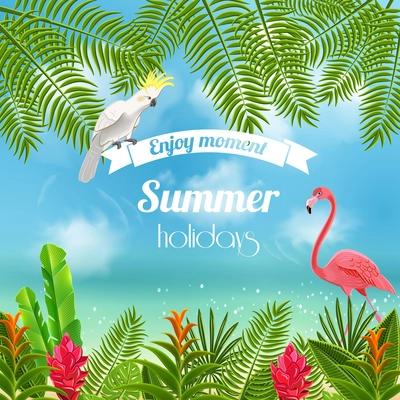 Tropical paradise background with blurred image of sea shores with flamingo parrot and leaves with text vector illustration