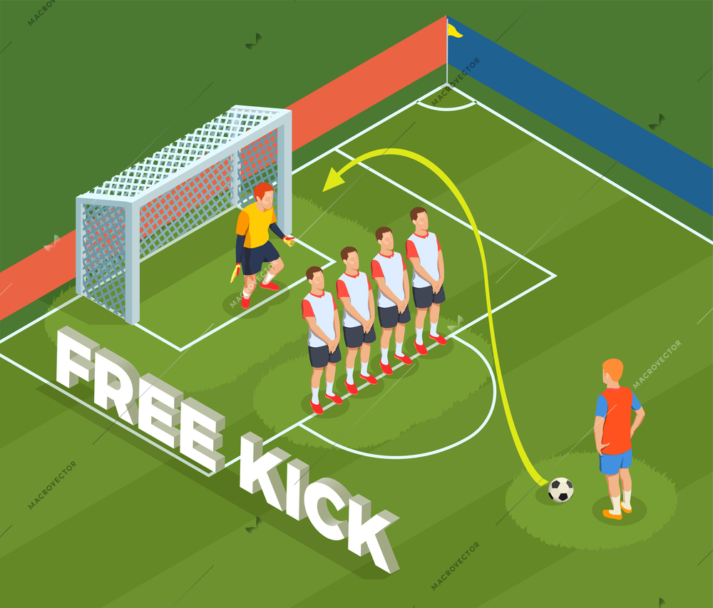 Football soccer isometric people composition with play ground court and player characters defensive wall and goalkeeper vector illustration
