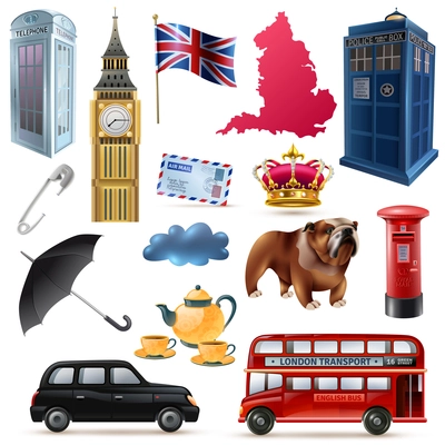 Set of icons with landmarks of england including london transport, architecture, crown, safety pin isolated vector illustration