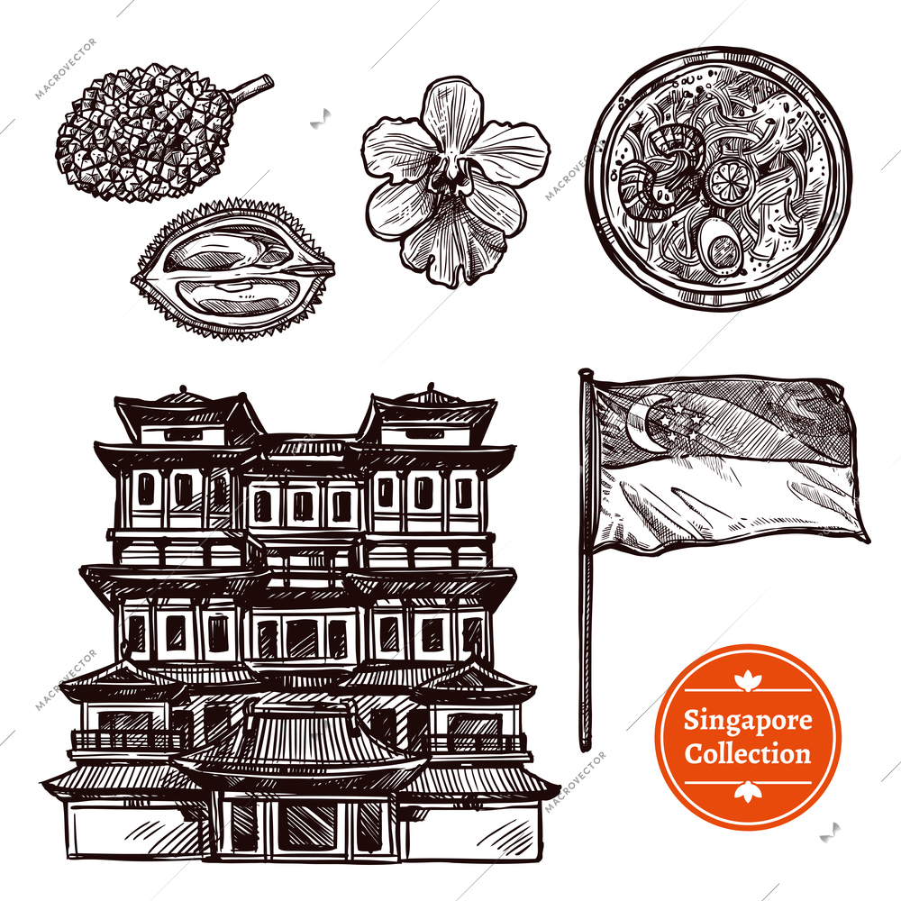 Black and white singapore hand drawn sketch set with symbols traditional food and famous sights isolated vector illustration