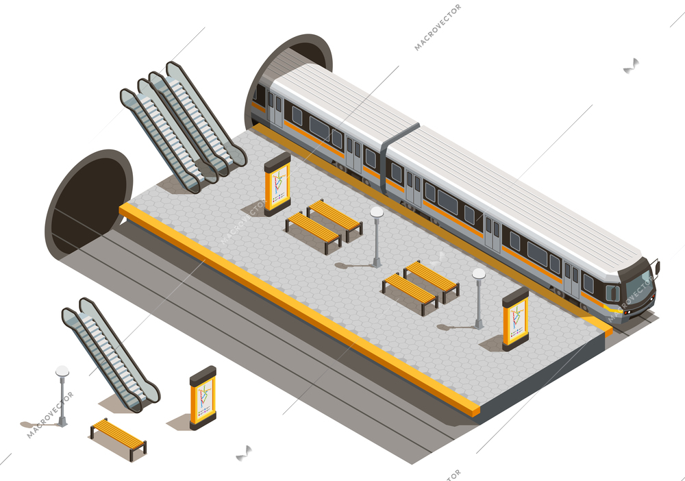 Public city transport isometric composition with underground metro station escalators and benches with underground rolling stock vector illustration