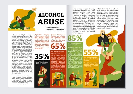 Alcohol addiction magazine layout with abuse symbols infographics flat vector illustration