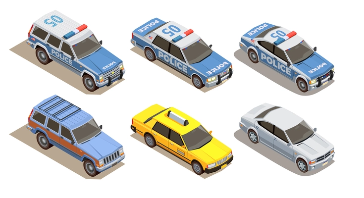 Public city transport isometric composition with set of six cars with three kinds of car bodies vector illustration