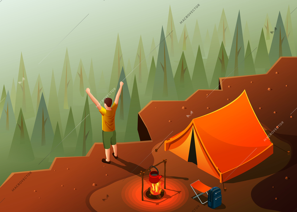 Camping hiking isometric icons composition with mountain top landscape and tent with campfire and happy man vector illustration