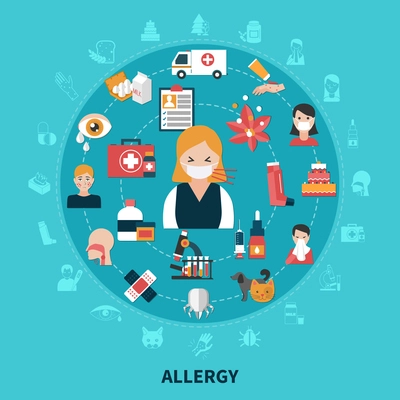 Flat design allergy symptoms and treatment concept on blue background vector illustration