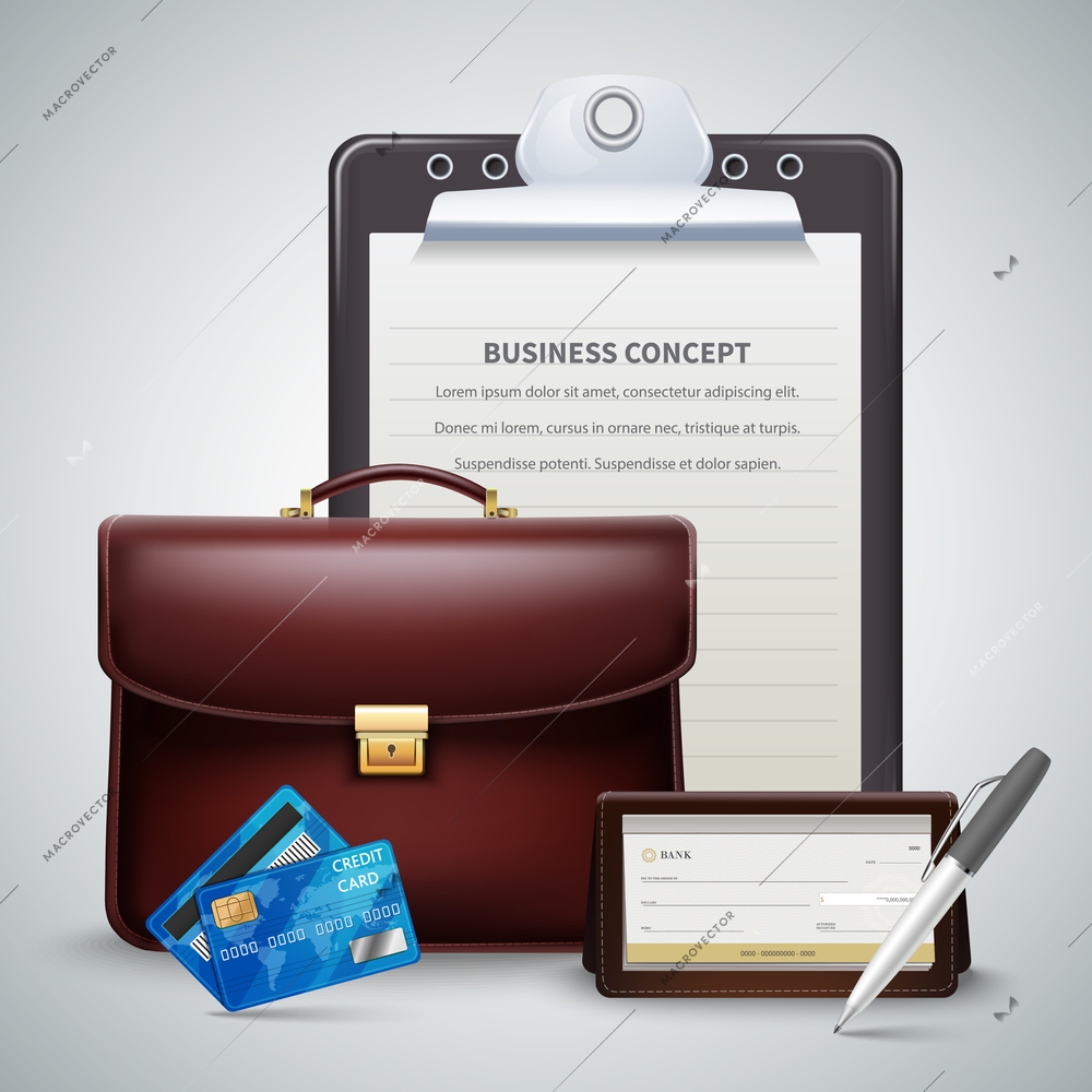 Realistic concept with personal things of businessman including plastic cards planner bag clipboard pen vector illustration