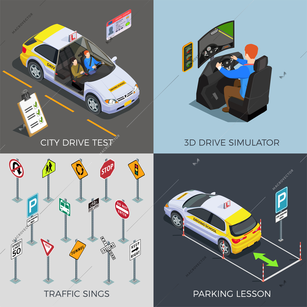 Driving school isometric 2x2 design concept with compositions of traffic signs drive simulators cars and text vector illustration