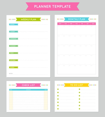 Planner template for business and studying with weekly and month plan pages task and check list flat vector illustration