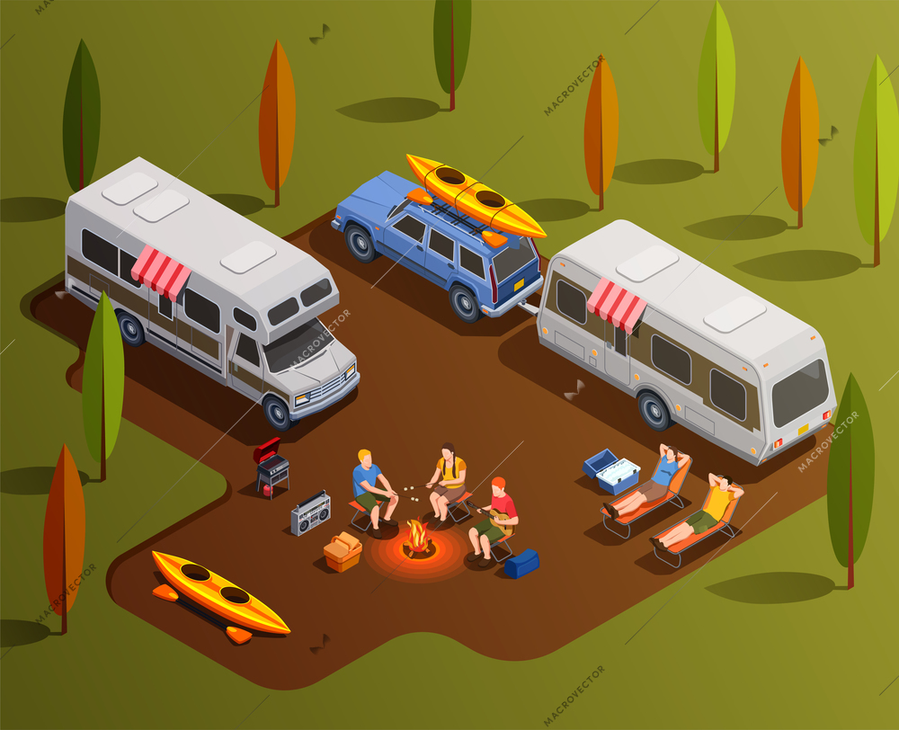 Camping hiking isometric icons composition with motor home trailers paddle boats and human characters with campfire vector illustration