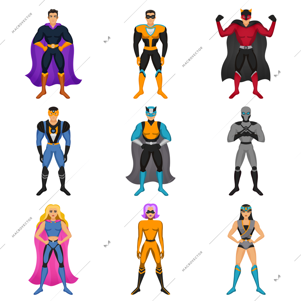 Cartoon male and female characters dressed in superhero costume with cape mantle and mask colored set isolated vector illustration