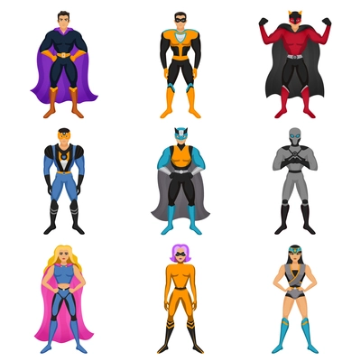 Cartoon male and female characters dressed in superhero costume with cape mantle and mask colored set isolated vector illustration