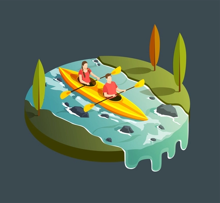 Camping hiking isometric icons composition with round view of mountain stream river and paddleboat with people vector illustration