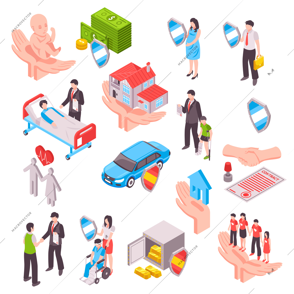 Insurance services isometric set with security of property car health money life isolated vector illustration