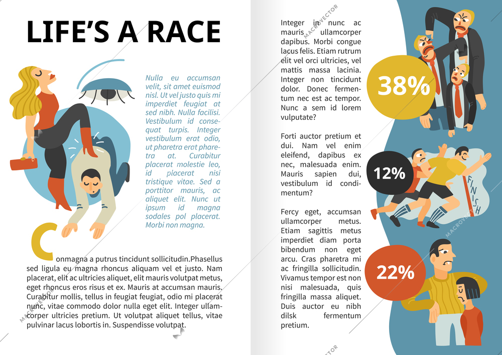 Life race infographics with ambitions, conflicts and interests, competitive behavior, leadership, dominant persons vector illustration