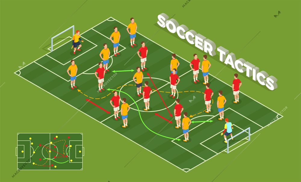 Football soccer isometric people composition with conceptual image of playground and football players with colourful arrows vector illustration