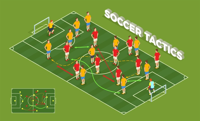 Football soccer isometric people composition with conceptual image of playground and football players with colourful arrows vector illustration