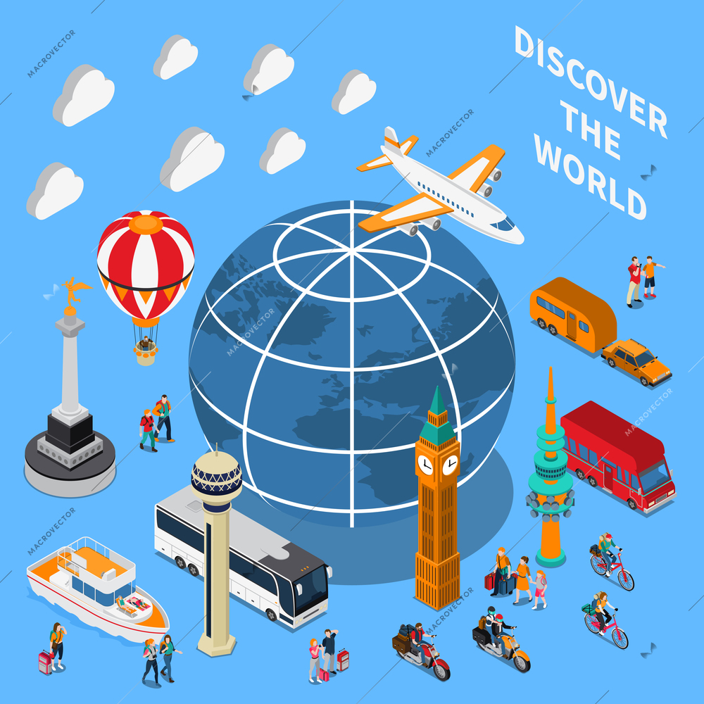 Tourist discoveries isometric composition on blue background with globe, landmarks, traveling people, vehicles vector illustration