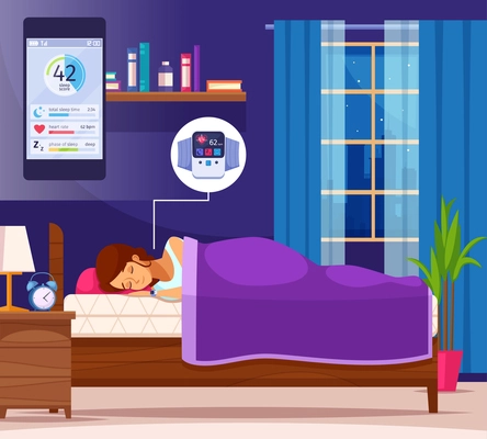 Correct sleeping cartoon composition with female human character and cartoon home scenery with smartphone application interface vector illustration